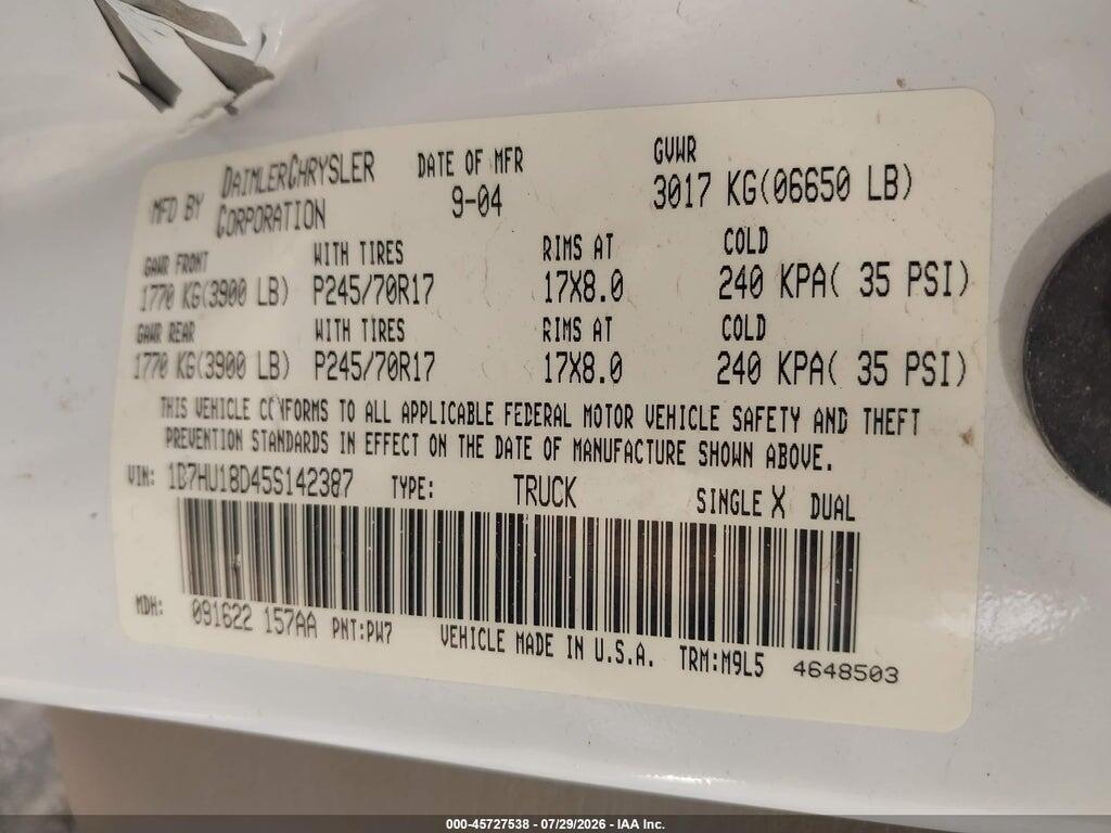 1D7HU18D45S142387 2005 DODGE RAM 1500 photo no. 9