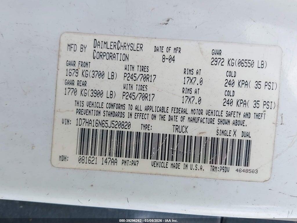 1D7HA16N65J520820 2005 DODGE RAM 1500 photo no. 9