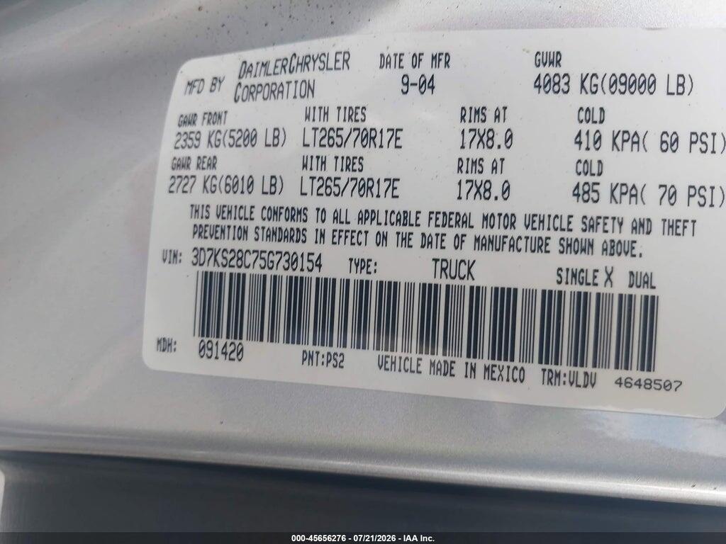 3D7KS28C75G730154 2005 DODGE RAM 2500 photo no. 9