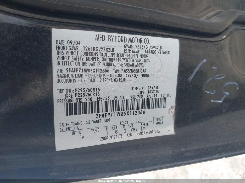 2FAFP71W85X112366 2005 FORD CROWN VICTORIA photo no. 9