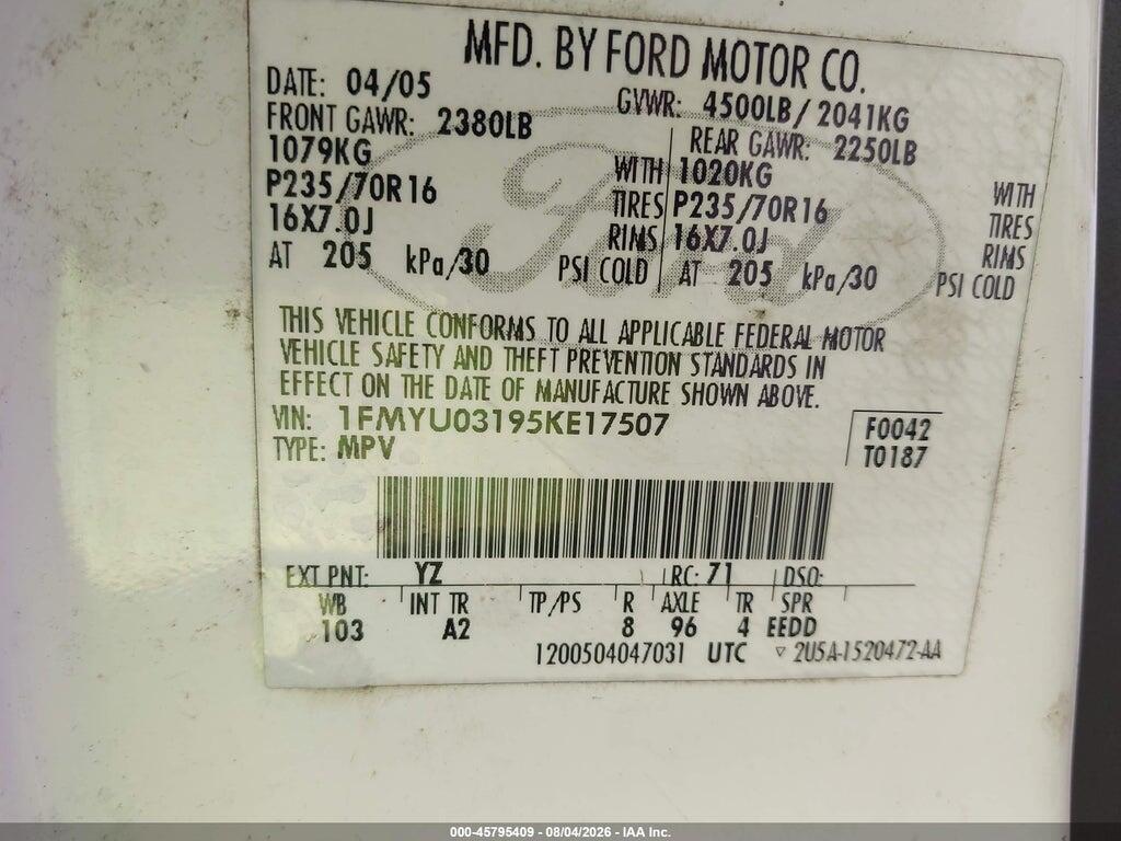1FMYU03195KE17507 2005 FORD ESCAPE photo no. 9