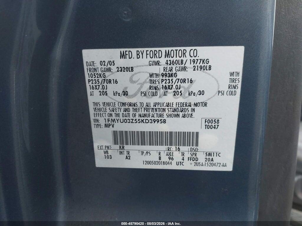 1FMYU03Z55KD39958 2005 FORD ESCAPE photo no. 9
