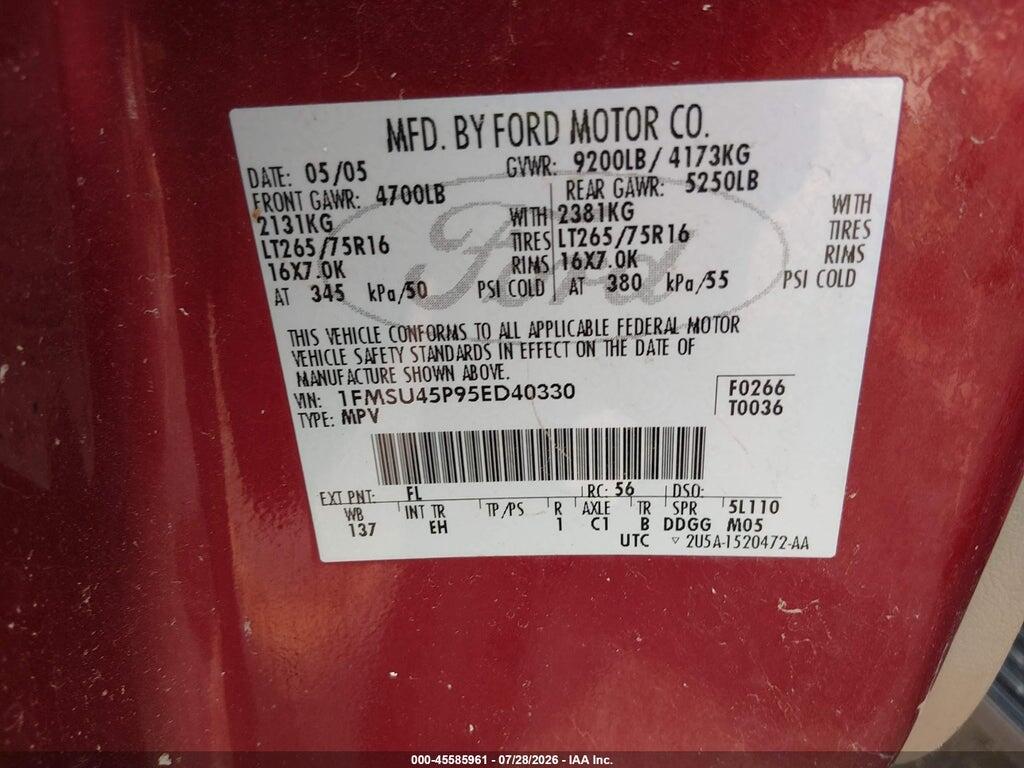 1FMSU45P95ED40330 2005 FORD EXCURSION photo no. 9