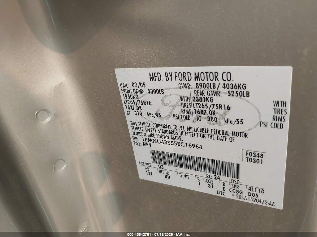 1FMNU43S55EC16964 2005 FORD EXCURSION photo no. 9