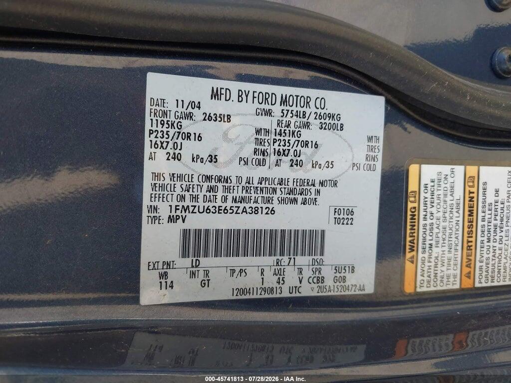 1FMZU63E65ZA38126 2005 FORD EXPLORER photo no. 9