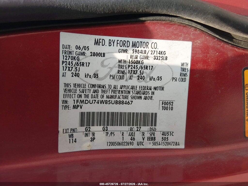 1FMDU74W85UB88467 2005 FORD EXPLORER photo no. 9