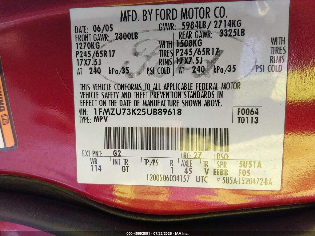 1FMZU73K25UB89618 2005 FORD EXPLORER photo no. 9