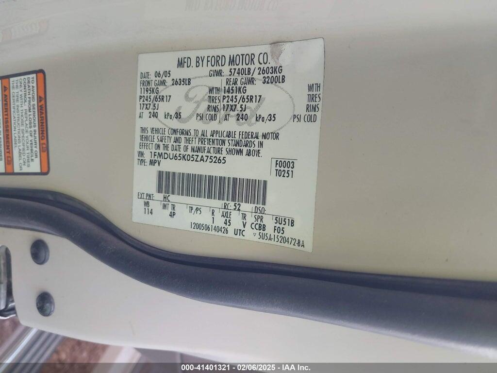 1FMDU65K05ZA75265 2005 FORD EXPLORER photo no. 9