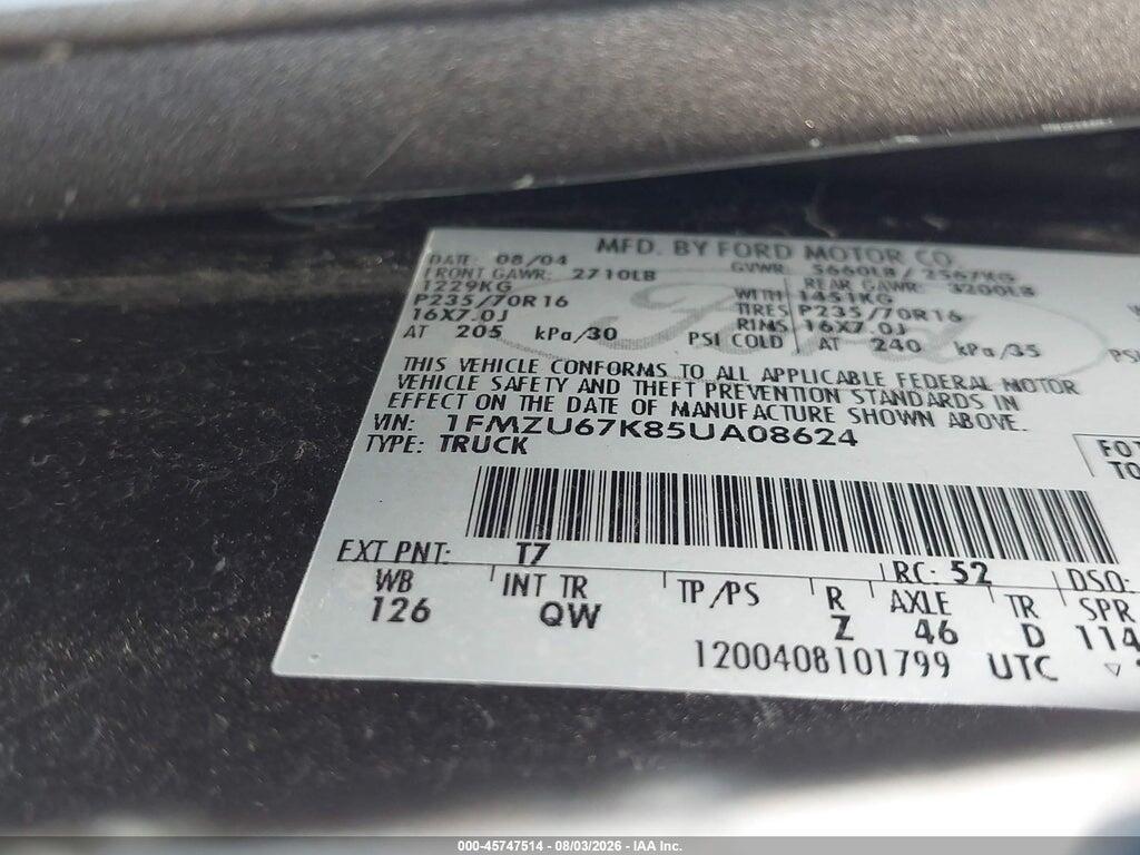 1FMZU67K85UA08624 2005 FORD EXPLORER SPORT TRAC photo no. 9