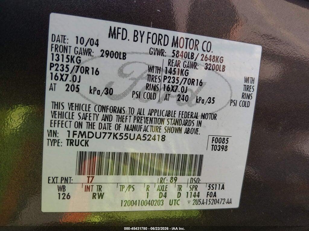 1FMDU77K55UA52418 2005 FORD EXPLORER SPORT TRAC photo no. 9