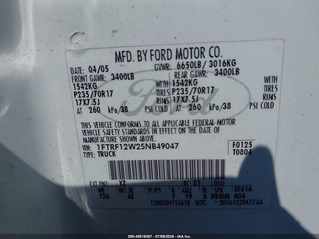 1FTRF12W25NB49047 2005 FORD F-150 photo no. 9