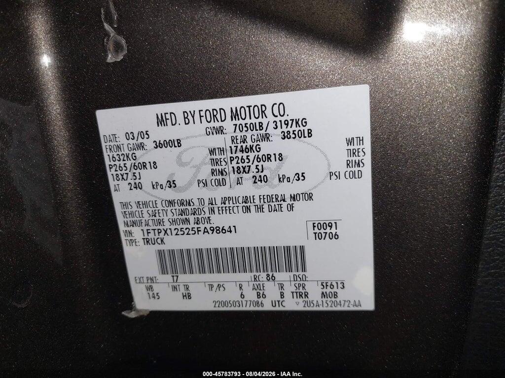 1FTPX12525FA98641 2005 FORD F-150 photo no. 9