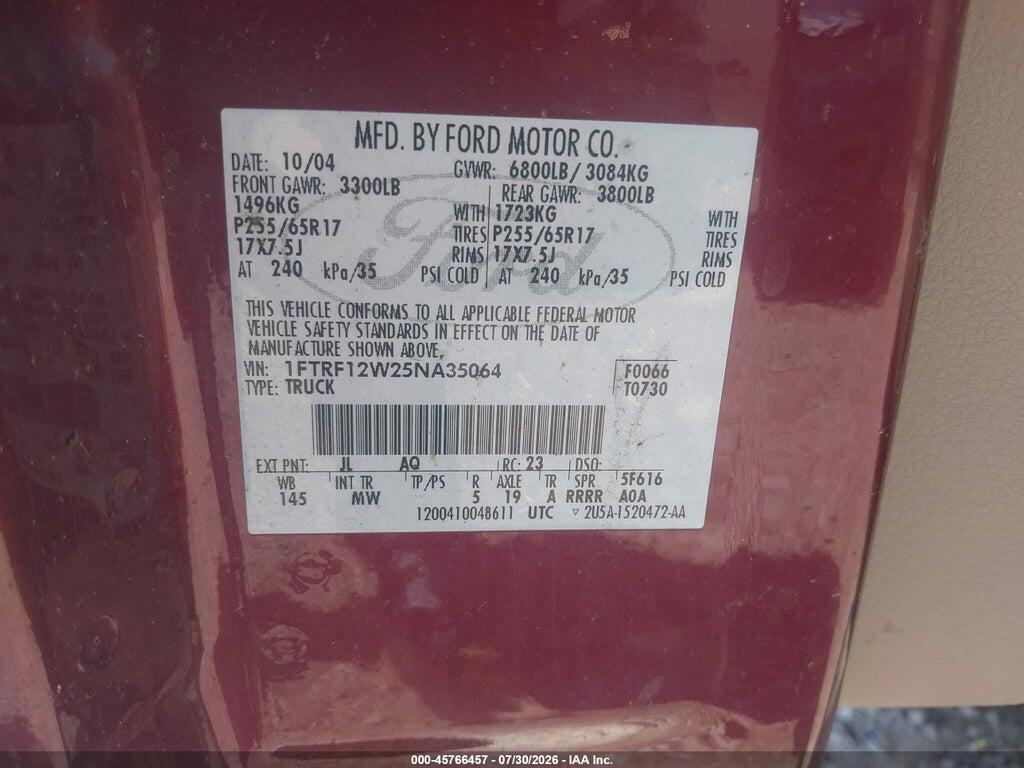 1FTRF12W25NA35064 2005 FORD F-150 photo no. 9