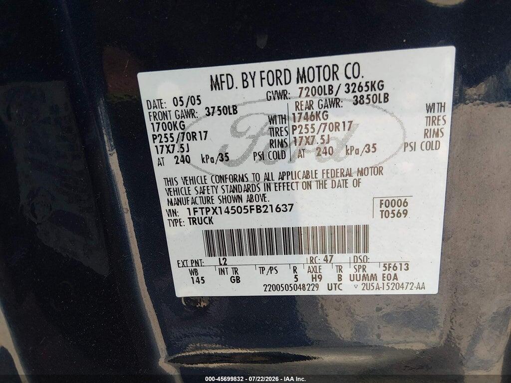 1FTPX14505FB21637 2005 FORD F-150 photo no. 9
