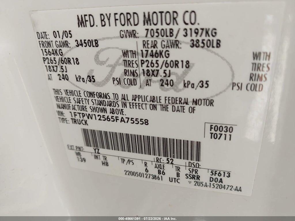 1FTPW12565FA75558 2005 FORD F-150 photo no. 9