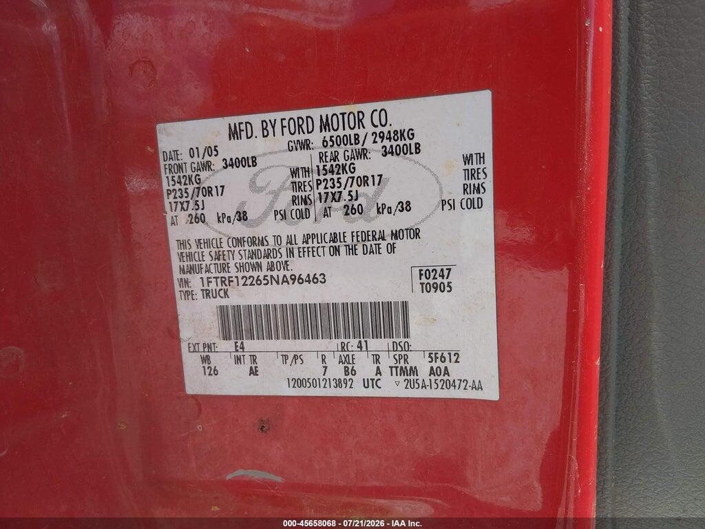1FTRF12265NA96463 2005 FORD F-150 photo no. 9