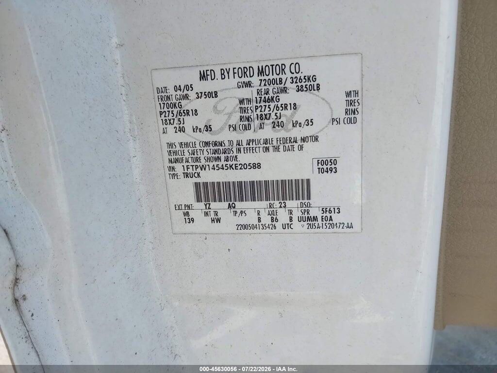 1FTPW14545KE20588 2005 FORD F-150 photo no. 9