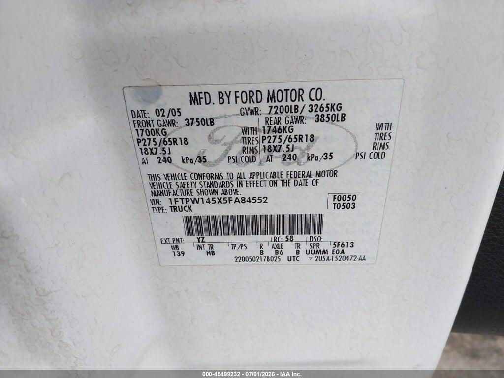 1FTPW145X5FA84552 2005 FORD F-150 photo no. 9