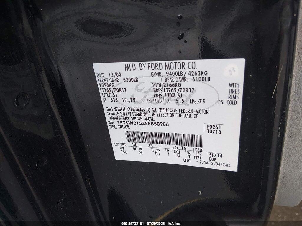 1FTSW21535EB58906 2005 FORD F-250 photo no. 9
