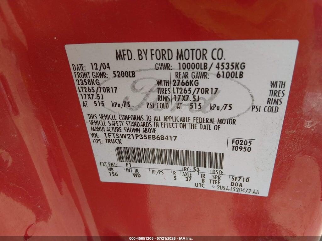 1FTSW21P35EB68417 2005 FORD F-250 photo no. 9