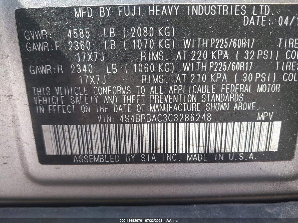 4S4BRBAC3C3286248 2012 SUBARU OUTBACK photo no. 9