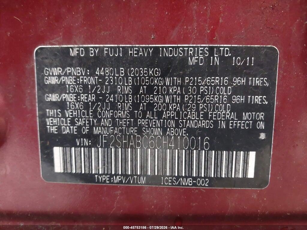 JF2SHABC6CH410016 2012 SUBARU FORESTER photo no. 9