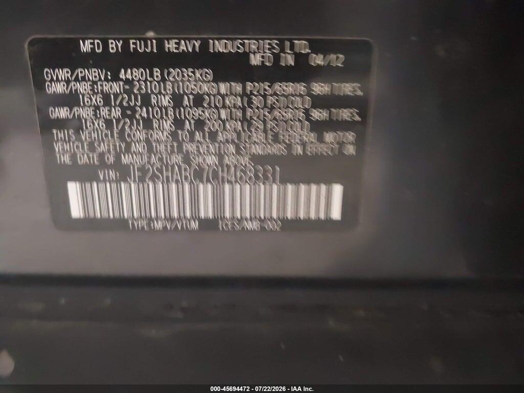 JF2SHABC7CH468331 2012 SUBARU FORESTER photo no. 9