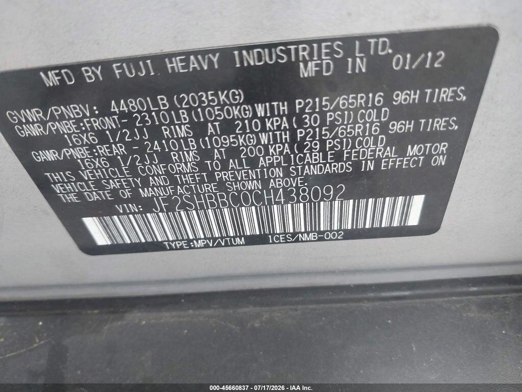 JF2SHBBC0CH438092 2012 SUBARU FORESTER photo no. 9