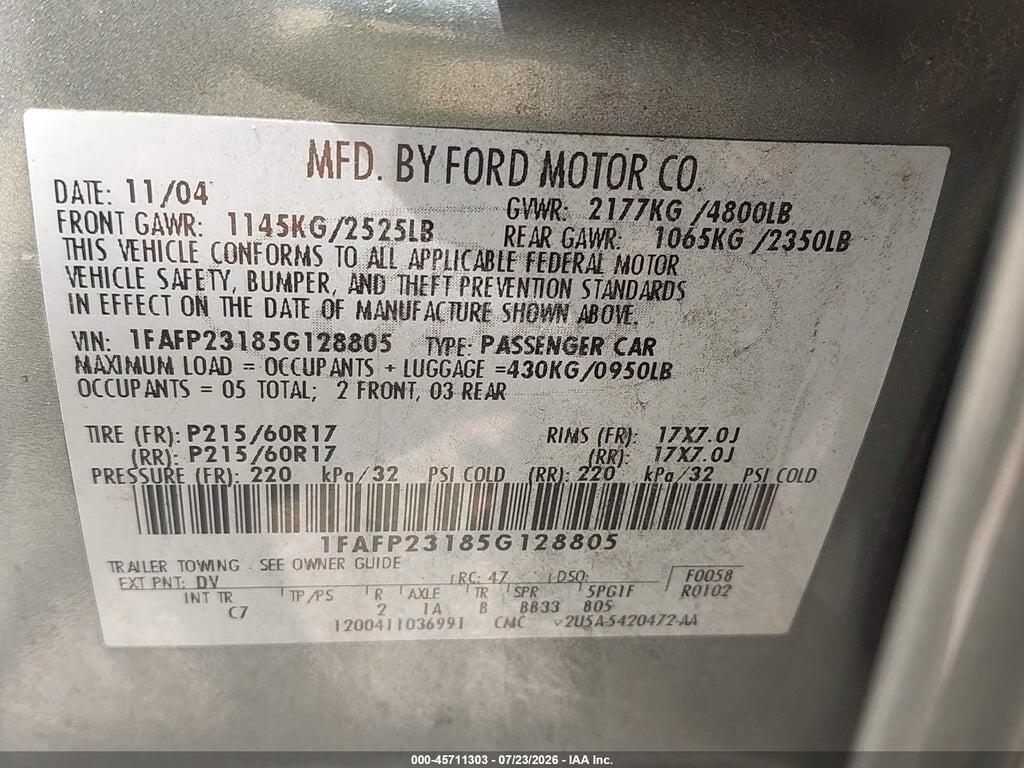 1FAFP23185G128805 2005 FORD FIVE HUNDRED photo no. 9