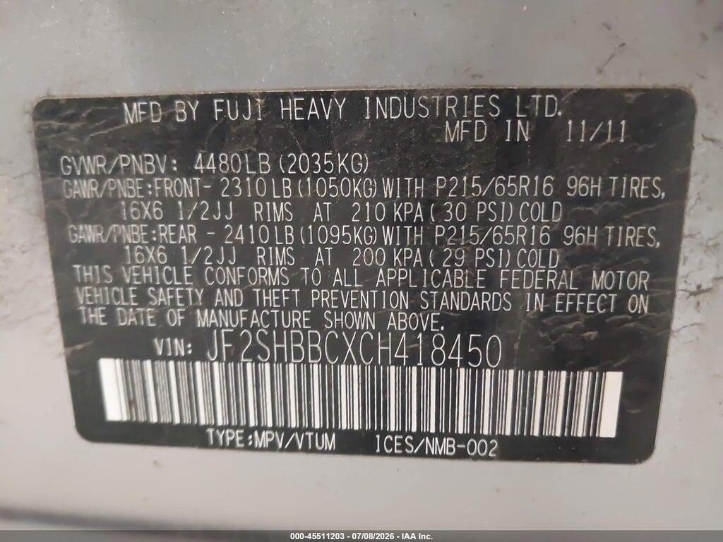 JF2SHBBCXCH418450 2012 SUBARU FORESTER photo no. 9