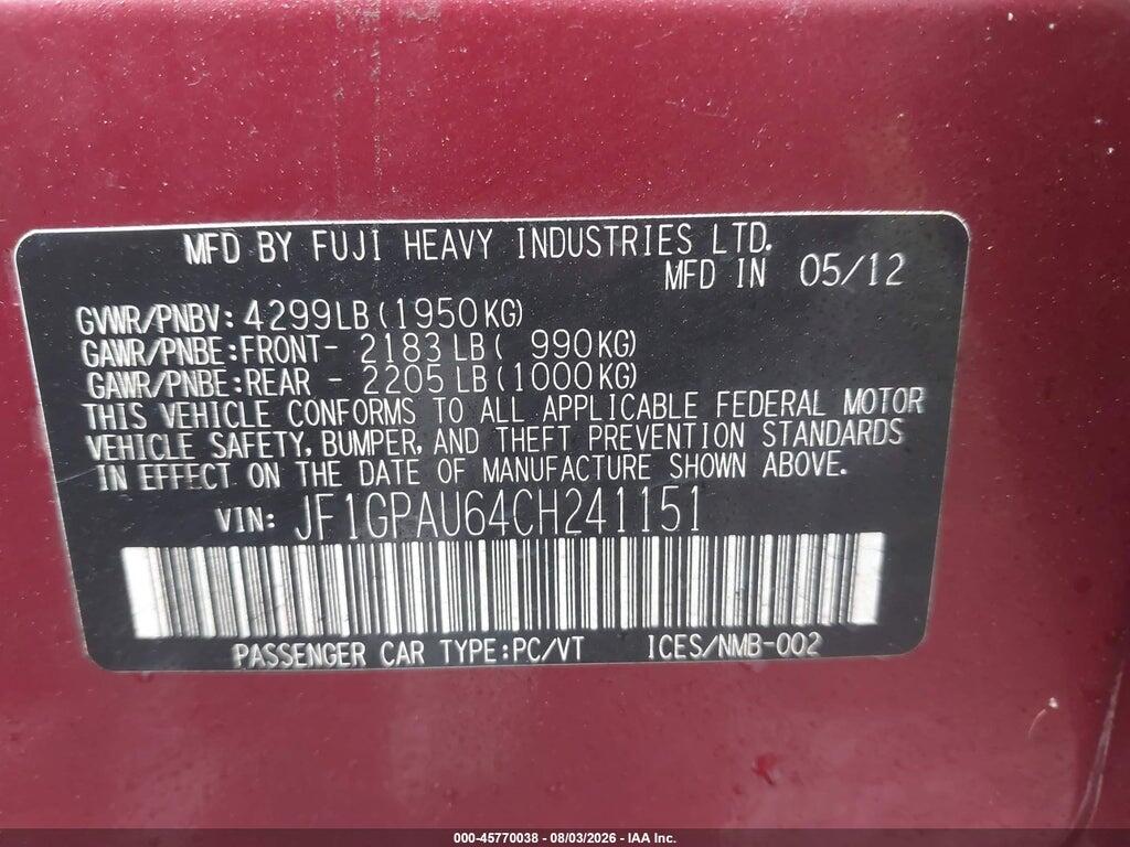JF1GPAU64CH241151 2012 SUBARU IMPREZA photo no. 9