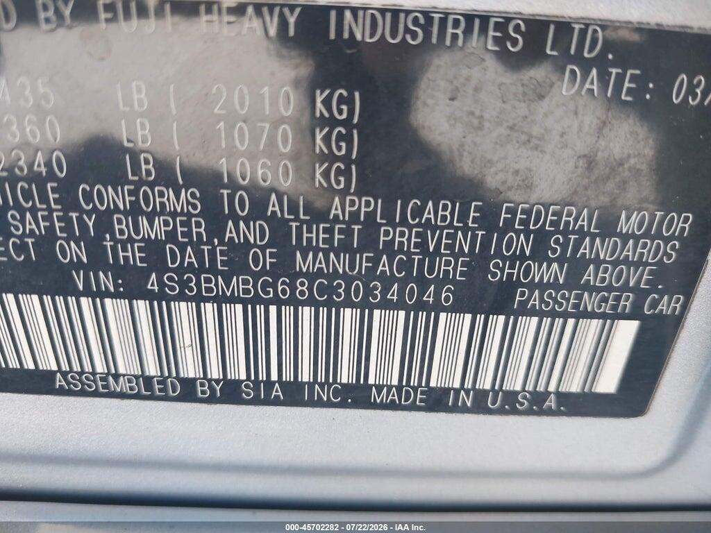 4S3BMBG68C3034046 2012 SUBARU LEGACY photo no. 9