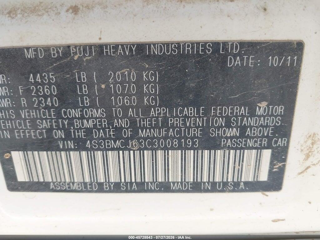 4S3BMCJ63C3008193 2012 SUBARU LEGACY photo no. 9