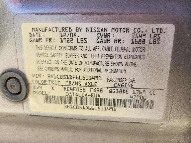 3N1CB51D66L511491 2006 NISSAN SENTRA photo no. 12