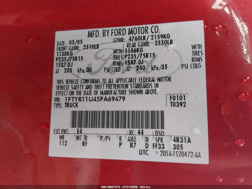 1FTYR11U45PA69479 2005 FORD RANGER photo no. 9