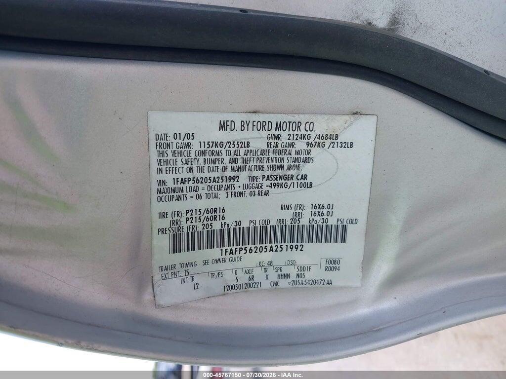 1FAFP56205A251992 2005 FORD TAURUS photo no. 9