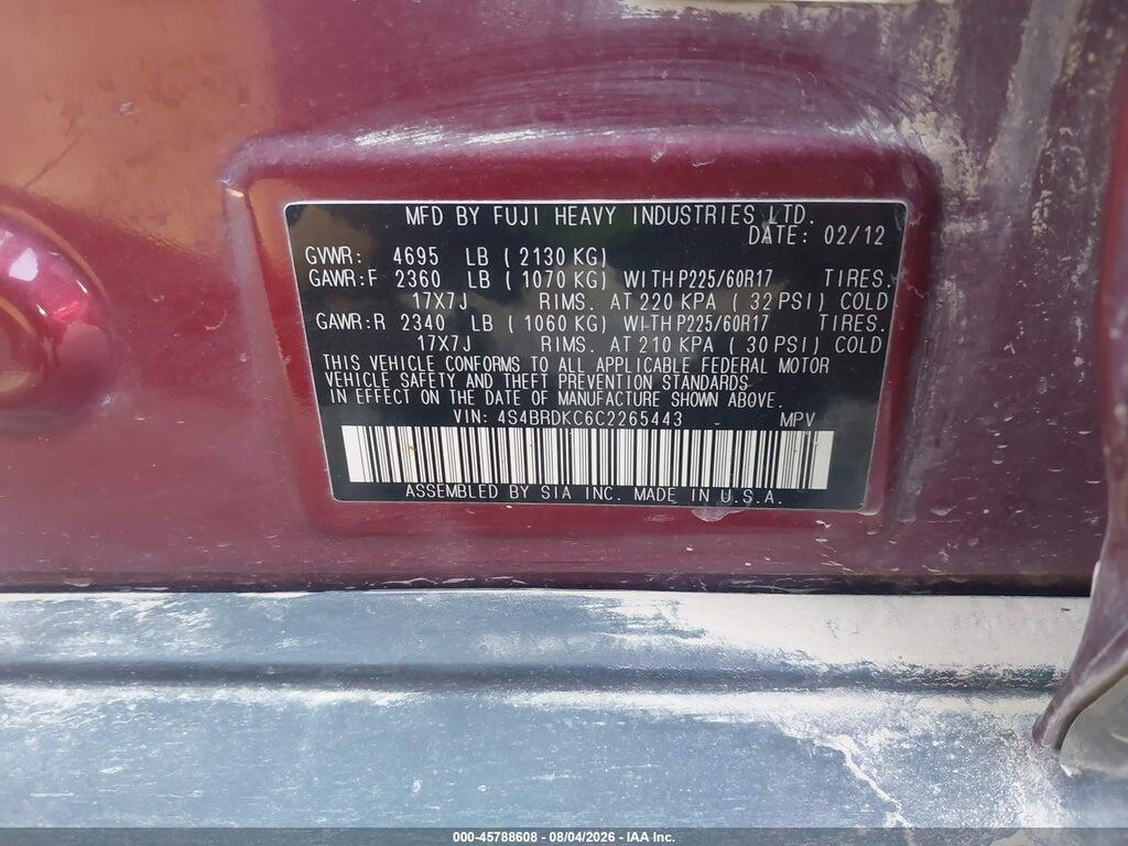 4S4BRDKC6C2265443 2012 SUBARU OUTBACK photo no. 9