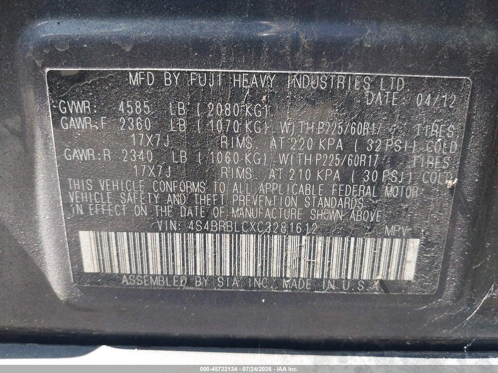 4S4BRBLCXC3281612 2012 SUBARU OUTBACK photo no. 9