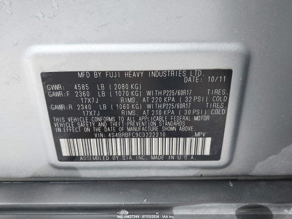 4S4BRBFC9C3222210 2012 SUBARU OUTBACK photo no. 9