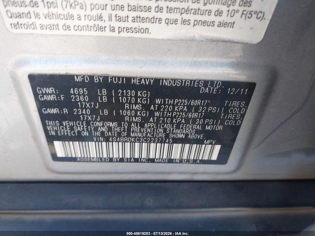 4S4BRDKC3C2237745 2012 SUBARU OUTBACK photo no. 9