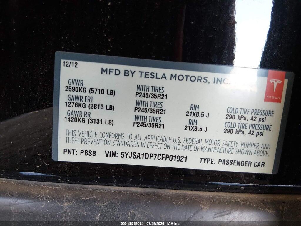 5YJSA1DP7CFP01921 2012 TESLA MODEL S photo no. 9