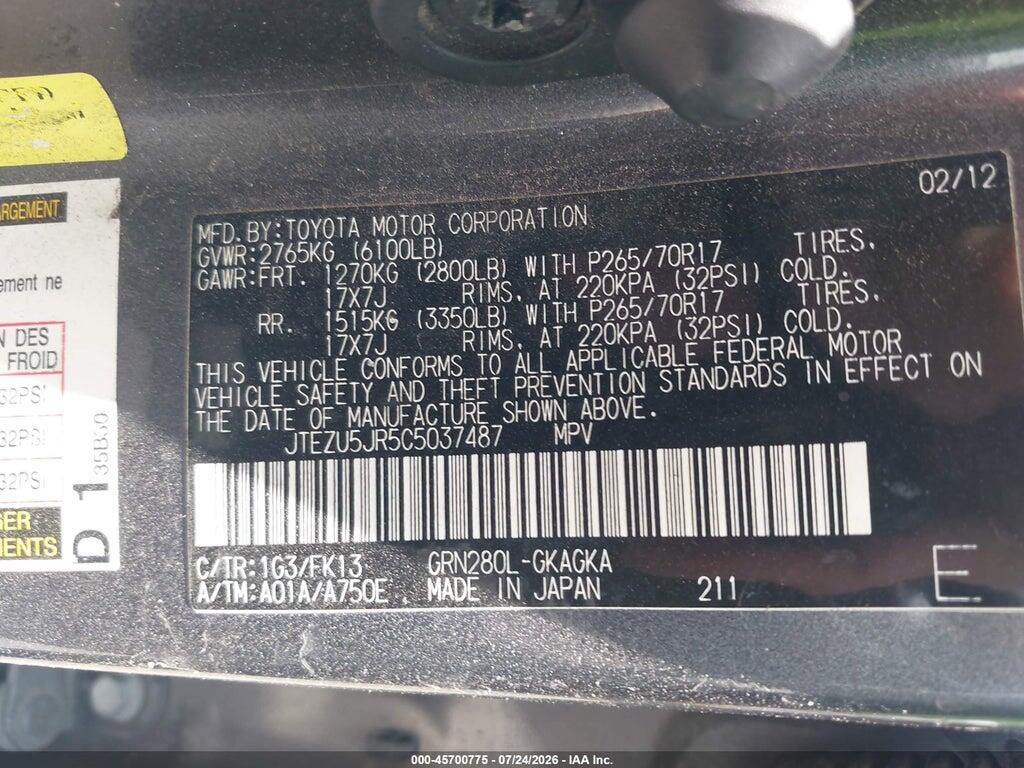 JTEZU5JR5C5037487 2012 TOYOTA 4RUNNER photo no. 9