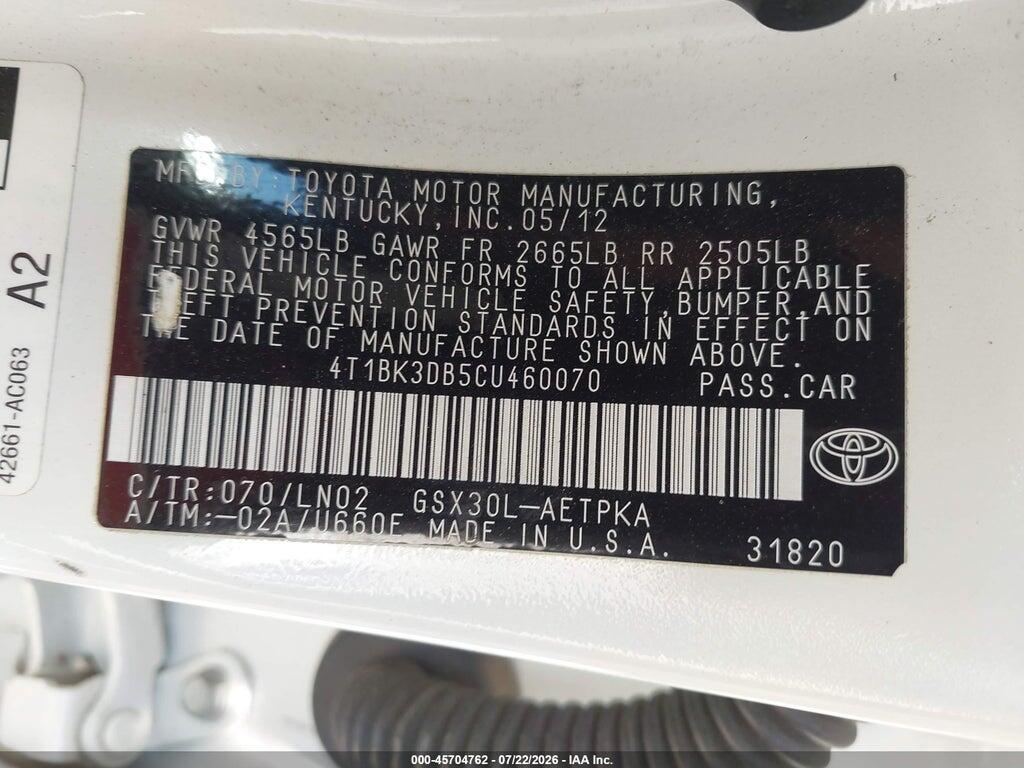 4T1BK3DB5CU460070 2012 TOYOTA AVALON photo no. 9