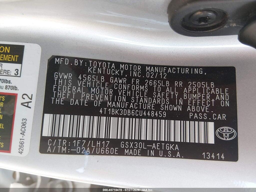 4T1BK3DB6CU448459 2012 TOYOTA AVALON photo no. 9