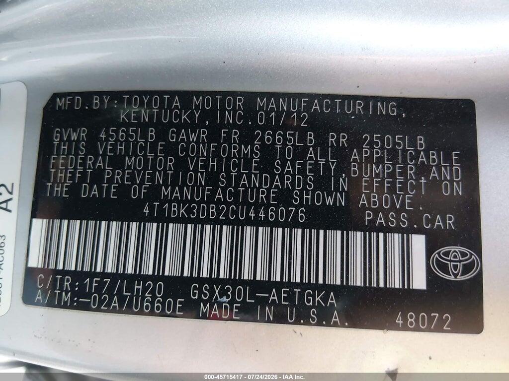 4T1BK3DB2CU446076 2012 TOYOTA AVALON photo no. 9