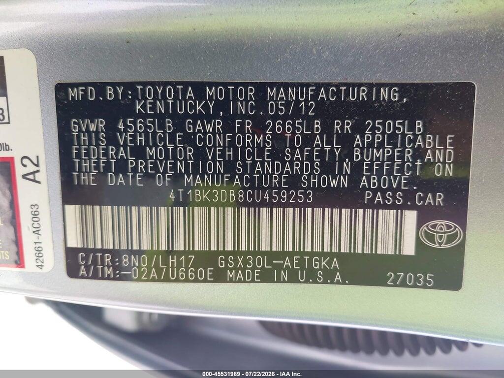 4T1BK3DB8CU459253 2012 TOYOTA AVALON photo no. 9