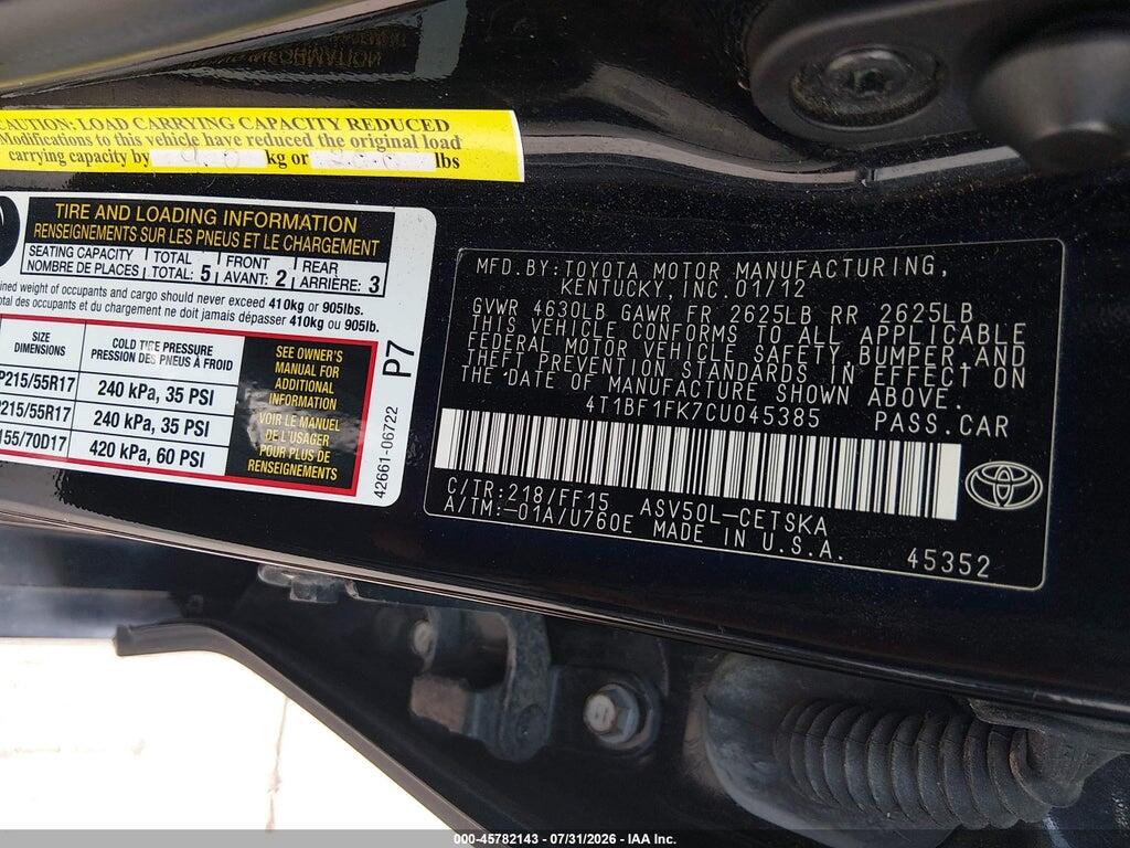 4T1BF1FK7CU045385 2012 TOYOTA CAMRY photo no. 9