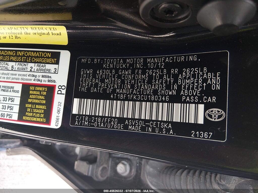 4T1BF1FK3CU180346 2012 TOYOTA CAMRY photo no. 9