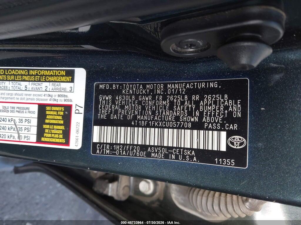 4T1BF1FKXCU057708 2012 TOYOTA CAMRY photo no. 9