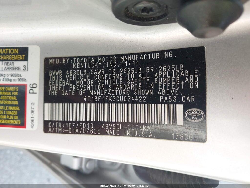 4T1BF1FK3CU024422 2012 TOYOTA CAMRY photo no. 9